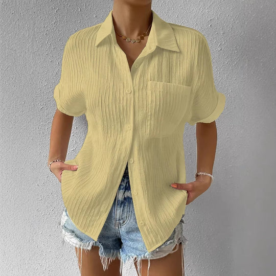 Damen lässige kurzärmlige Bluse mit Struktur und Brusttasche EB