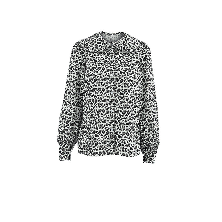 Damen Modische Bluse mit Leopardenmuster und voluminösen Ärmeln EB