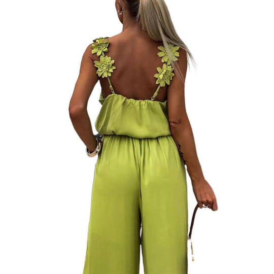 Damen Jumpsuit mit floralen Rüschen und weitem Bein EB
