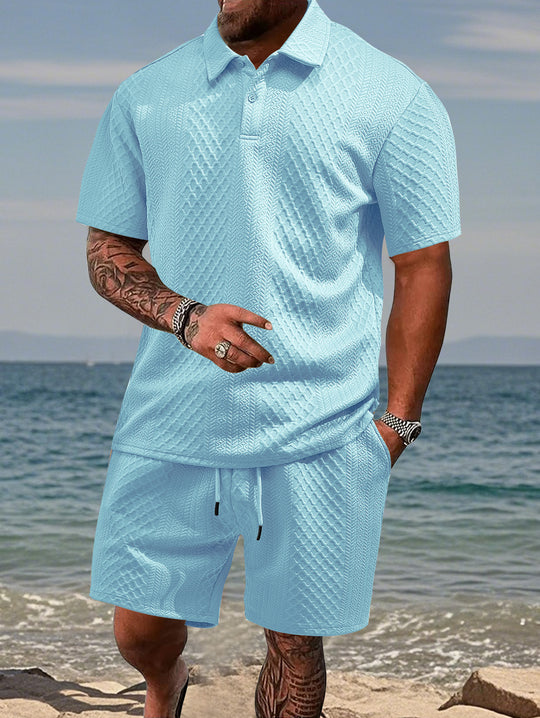 Herren nan geprägtes Strand-Ensemble mit offenem Kurzarm-Hemd und Kordel-Bermuda EB