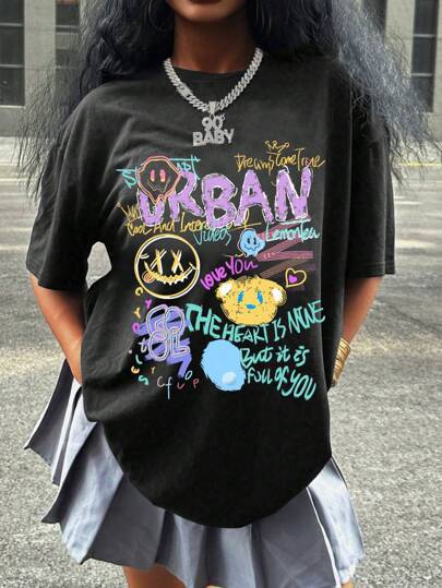 Damen oversized Grafik-T-Shirt mit urbanem Design EB