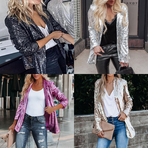 Damen Glamouröse Blazerjacke mit Paillettenbesatz und langem Arm EB