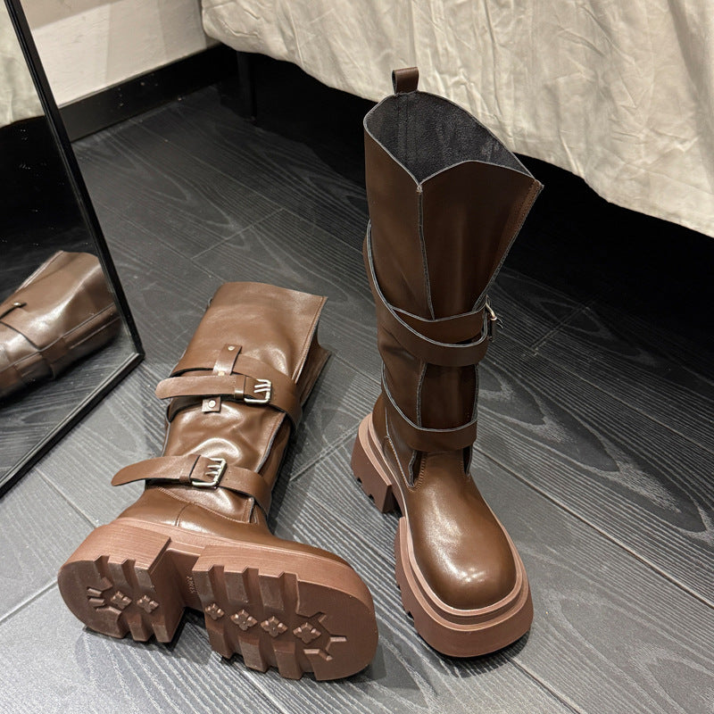 Damen trendige hohe Stiefel mit doppeltem Riemen und robustem Plateau-Heel EB