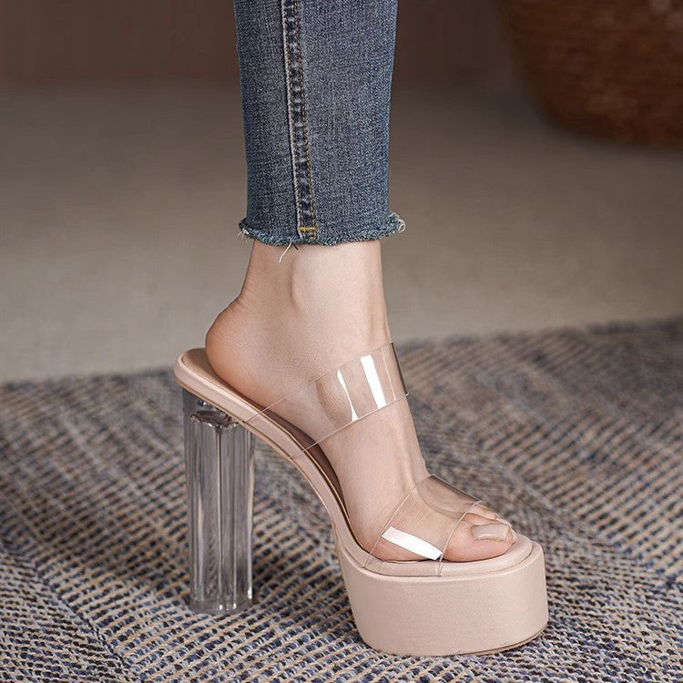 Damen transparente High Heel Mules mit höherem Blockabsatz EB