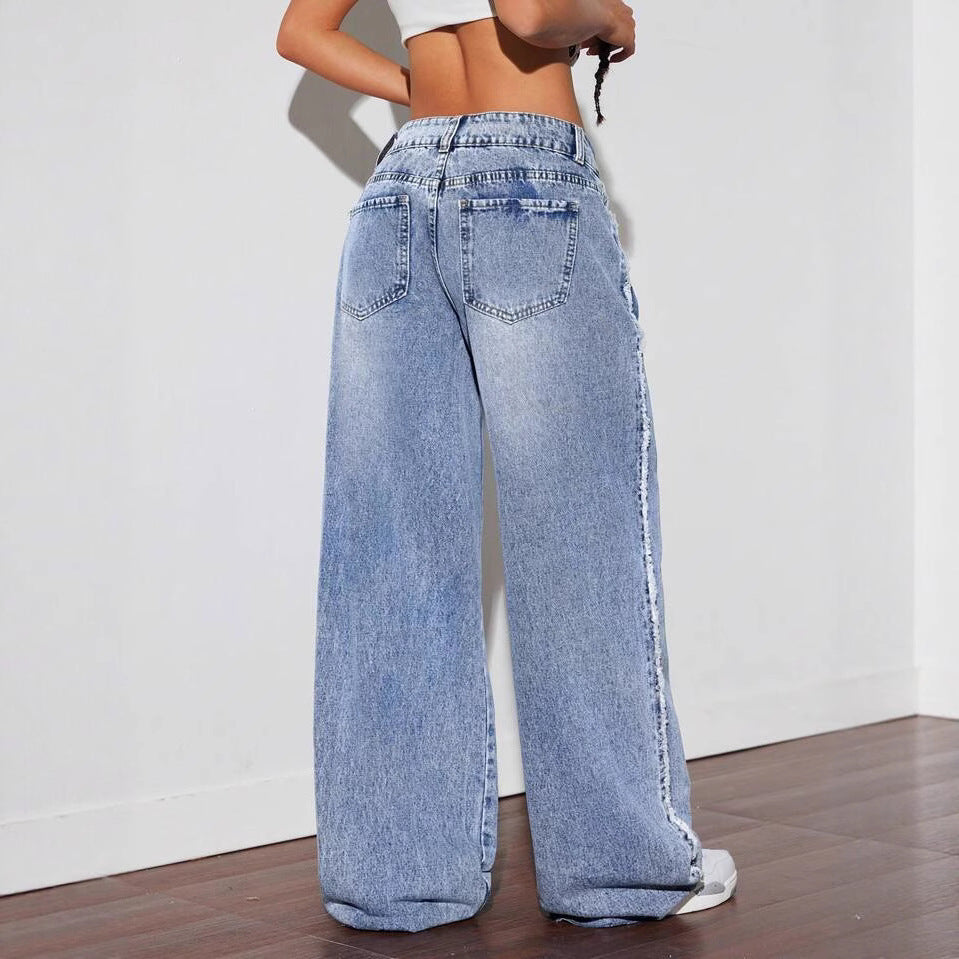 Damen Weite Denim-Jeans mit auffälligem fransigem Saum und hoher Taille EB