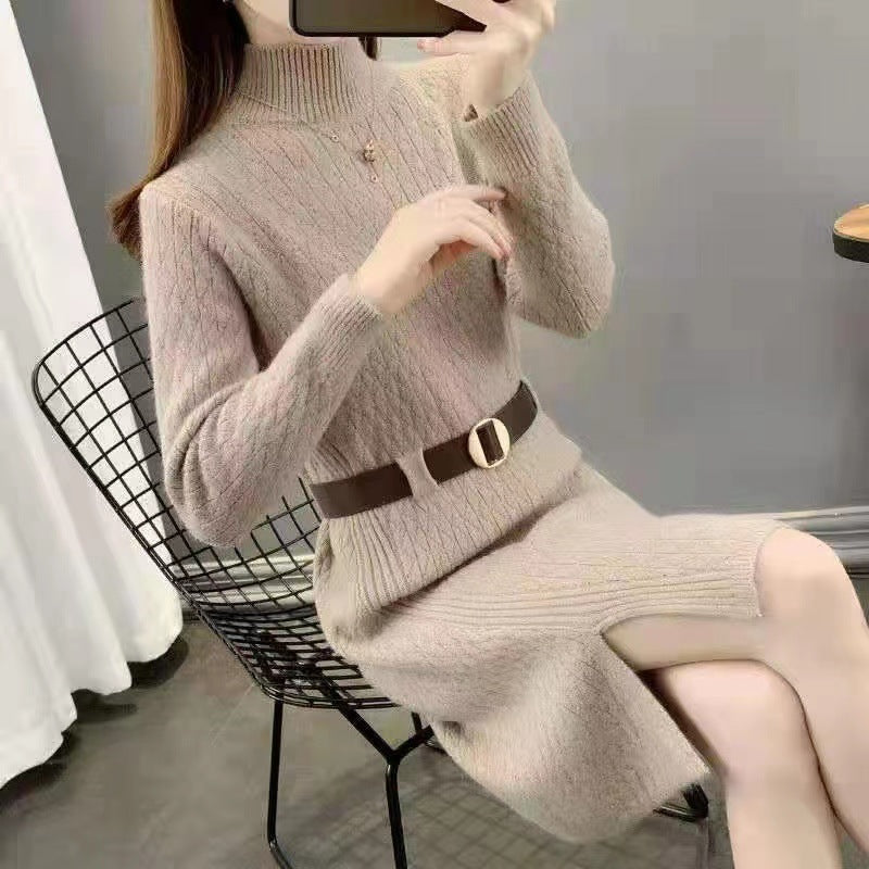Damen Strickkleid mit hohen Kragen und Taillengürtel EB