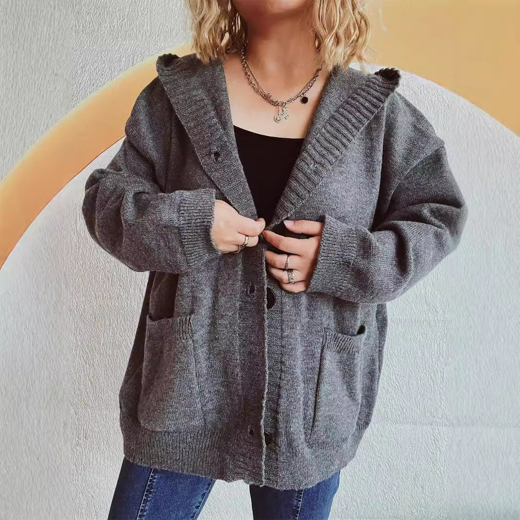 Damen bequeme Strickjacke mit Kapuze und praktischen Taschen EB