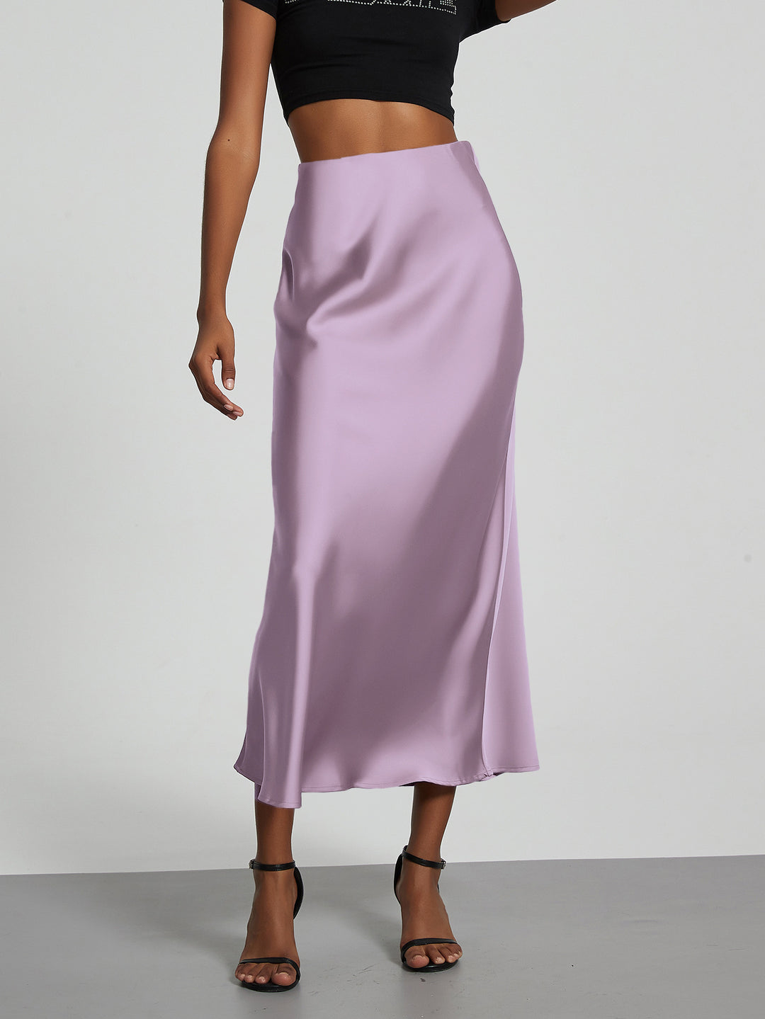 Damen Stilvolle Satin-Stretchrock mit hohem Bund und fließendem Schnitt EB