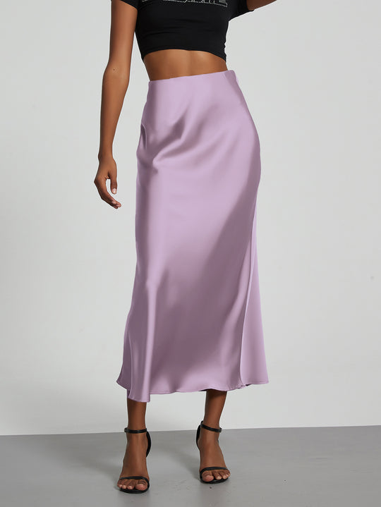 Damen Stilvolle Satin-Stretchrock mit hohem Bund und fließendem Schnitt EB