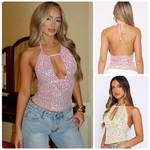 Damen Glamouröses Spitzentop mit funkelnden Pailletten und elegantem Halterdesign EB