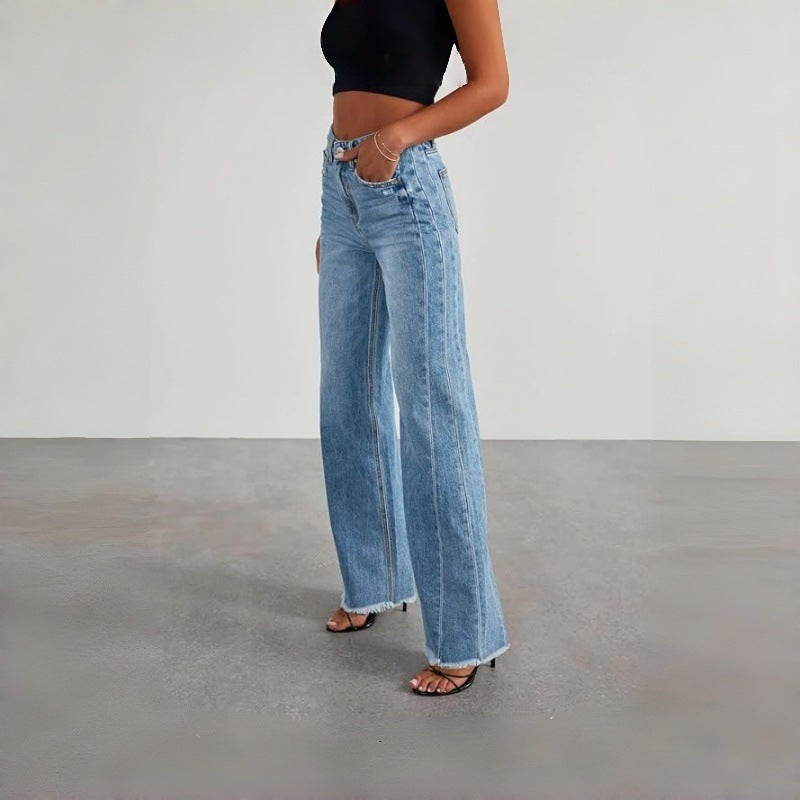 Damen Weite Denim-Hose mit rohem Saum und praktischen Taschen EB