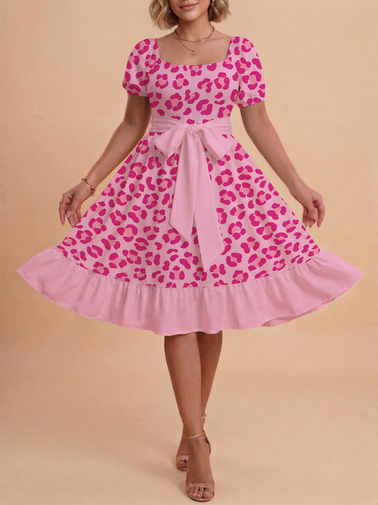 Damen Sommerliches Blumenkleid mit taillierbarem Gürtel und voluminösen Ärmeln EB