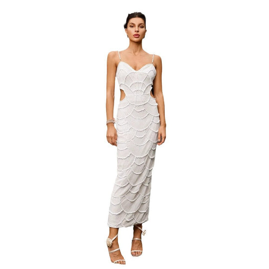 Damen Elegantes Midi-Kleid mit rückseitigen Cut-Outs und dekorativem Wellendesign EB