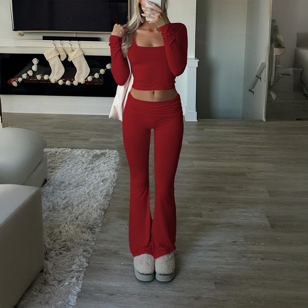 Damen nan figurbetontes Cropped-Set mit langärmeligem Top mit quadratischem Ausschnitt und ausgestellter High‑Waist Yoga-Hose EB