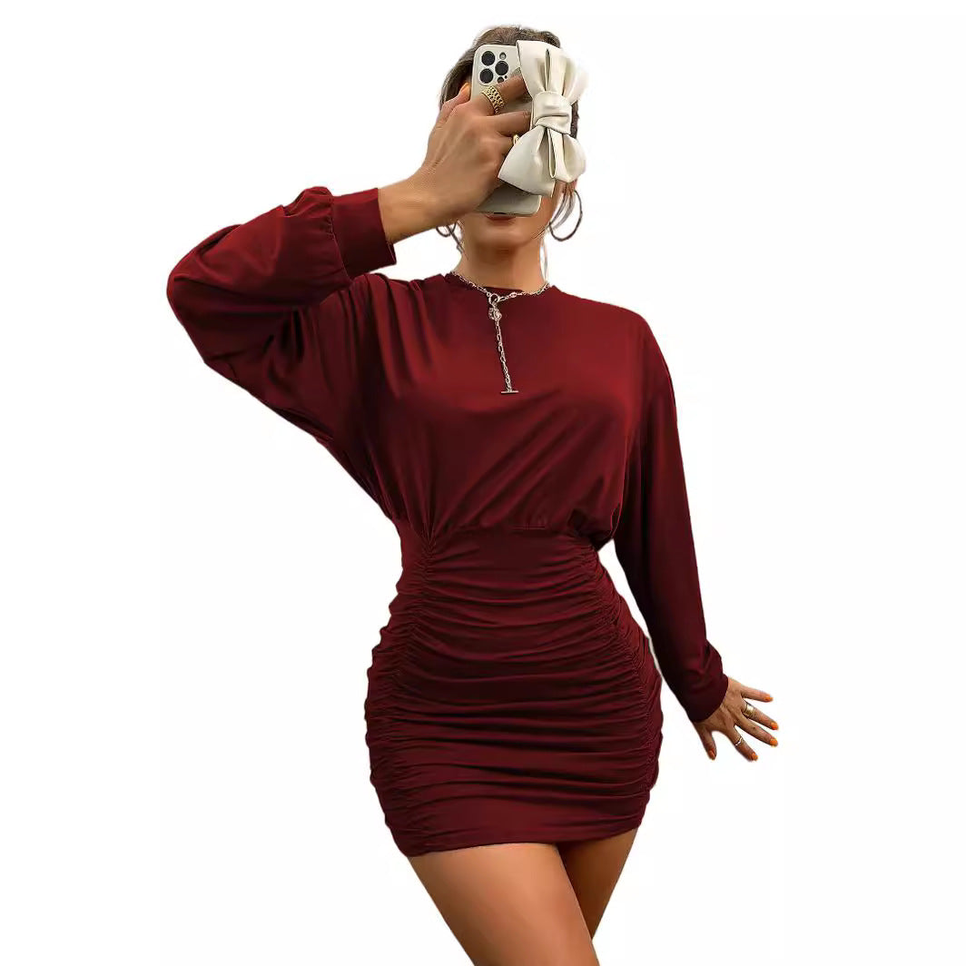 Damen gesmoktes Mini-Kleid mit überschnittener Langarm-Sweatoberteil und taillierter Raffung Eichborn Berlin