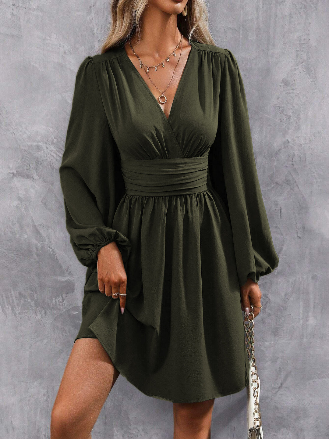 Damen Knielanges Wickelkleid mit eleganten Puffärmeln EB