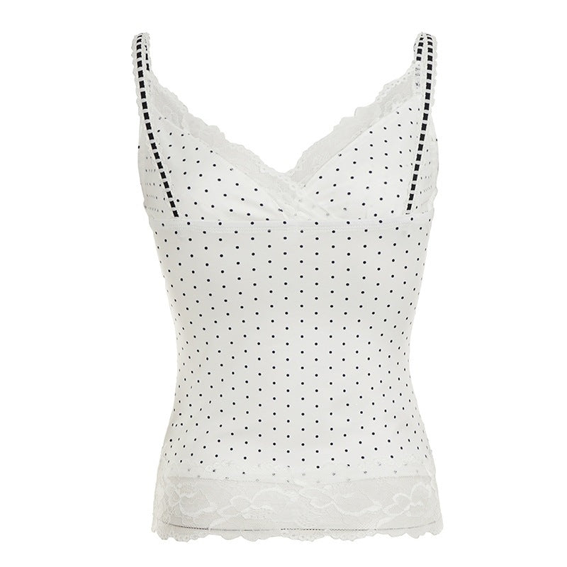Damen Spaghetti-Trägertop mit floralen Spitzenakzenten und Polka-Punkten EB