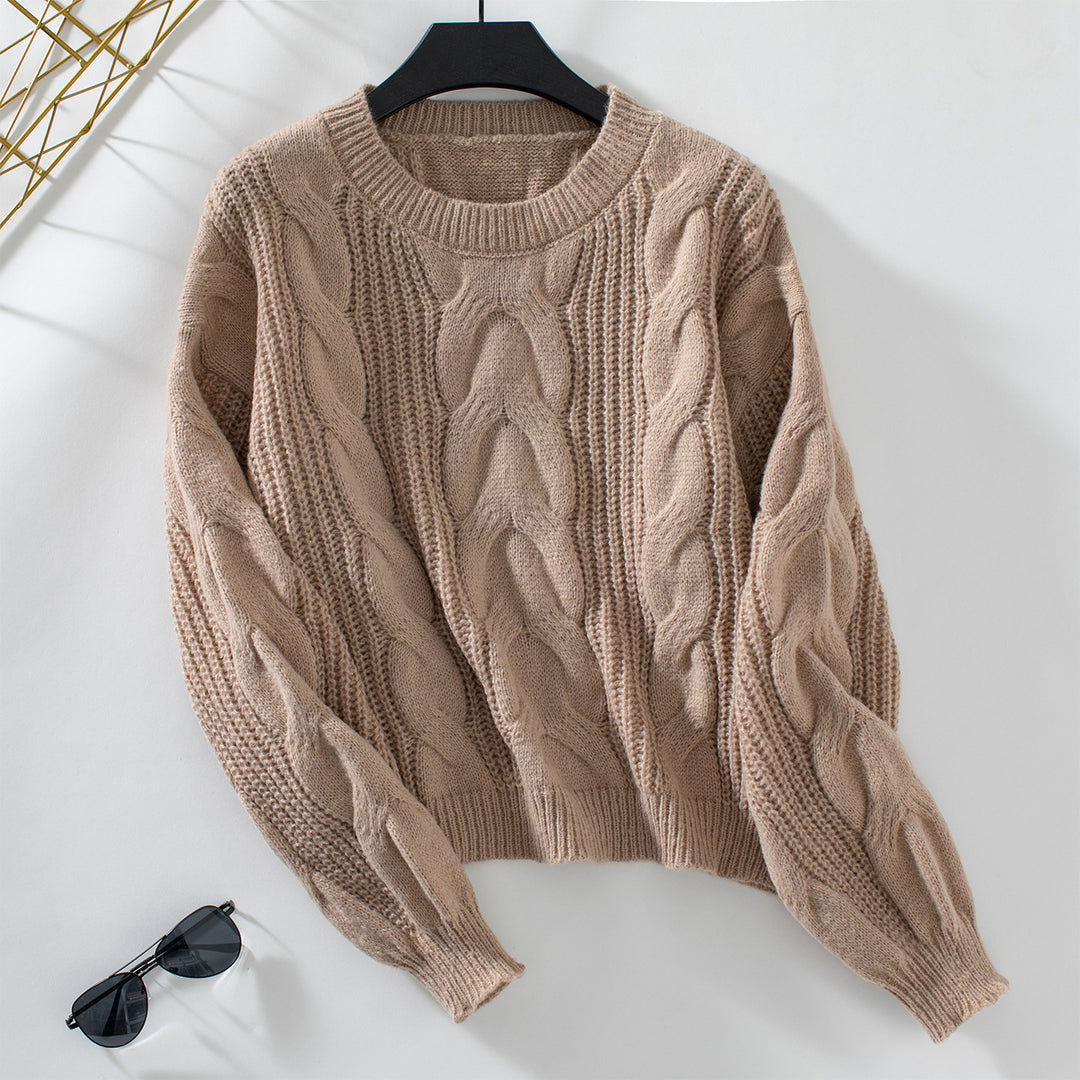 Damen grob gestrickter Pullover mit voluminösen Ärmeln und Zopfmuster EB