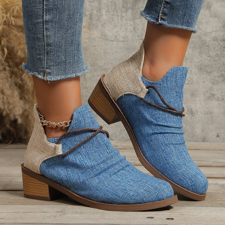 Damen Kurzstiefelette mit Leoparden-Print, Canvas-Obermaterial, dekorativem Flechtriemen und niedrigem Blockabsatz EB