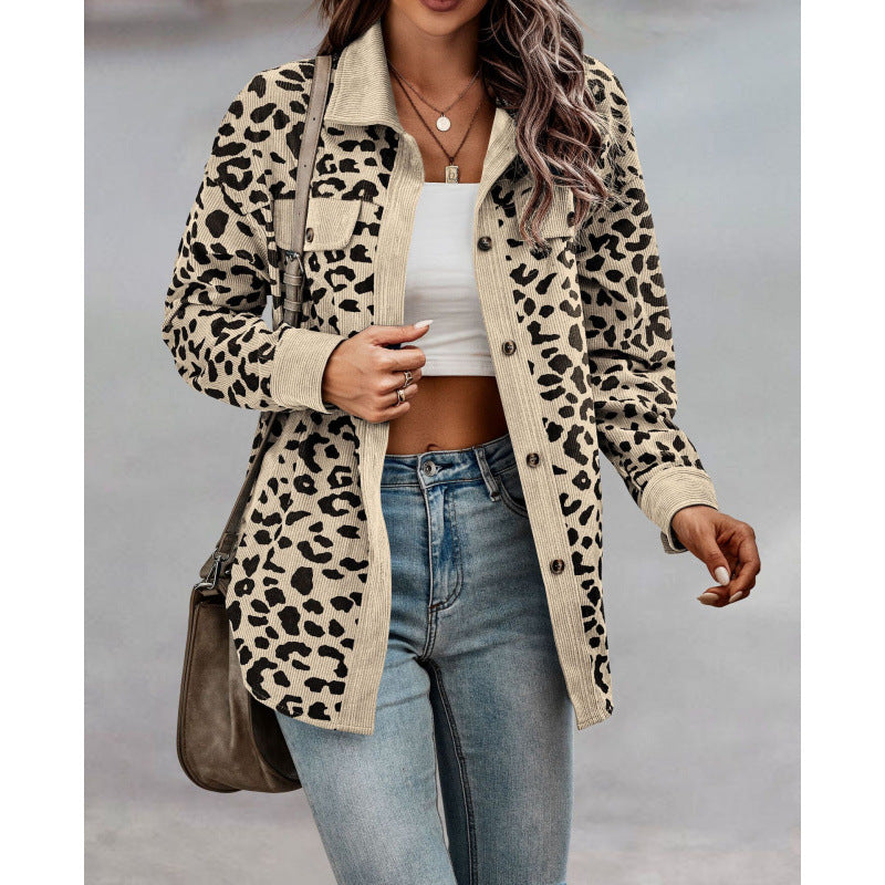 Damen tierisches Print-Langarm-Hemdjacke mit aufgesetzten Taschen EB