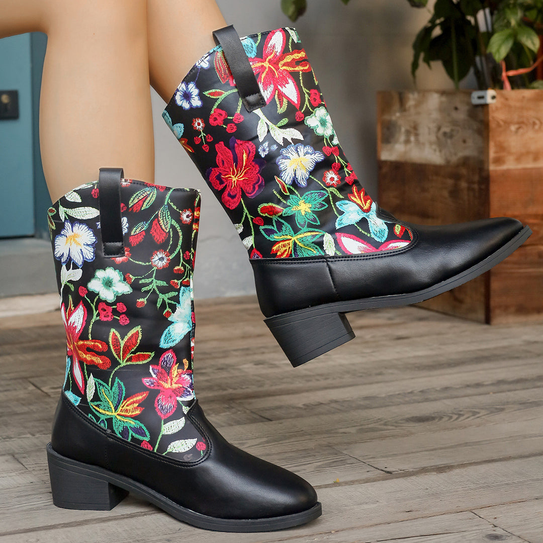 Damen Cowboy-Stiefel mit floralem Stickmotiv und komfortablem Blockabsatz EB