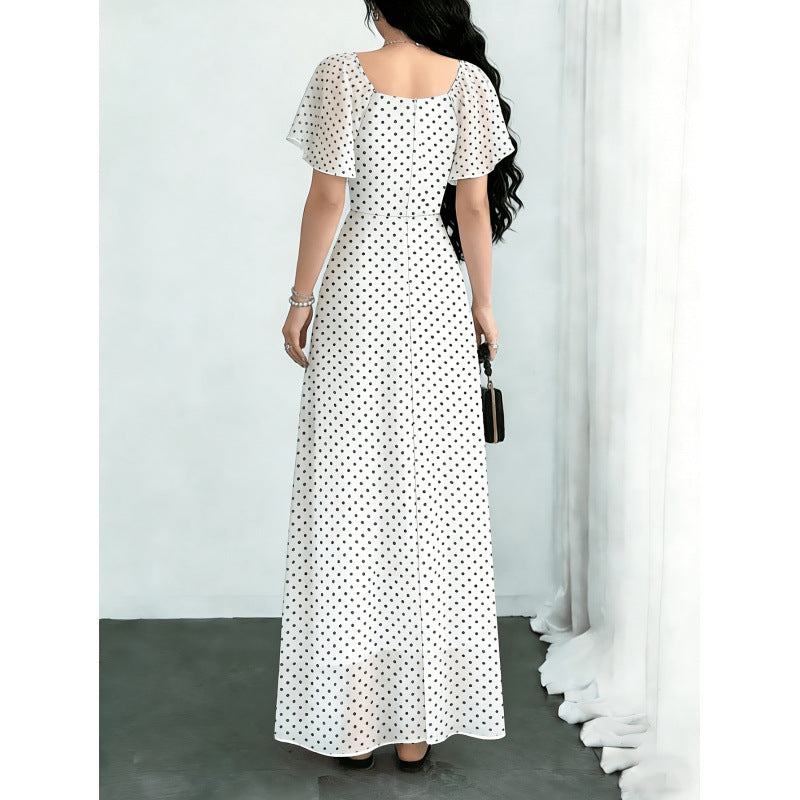 Damen Maxikleid mit voluminösen Rüschenschultern und vintage Punktedesign EB