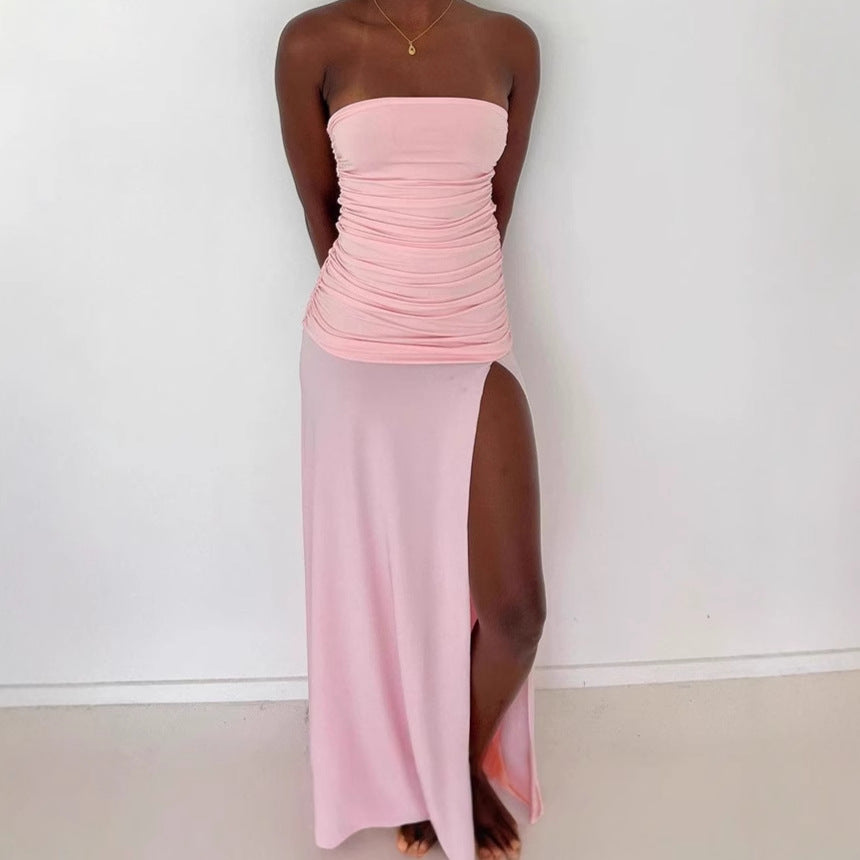 Damen Elegantes Trägerloses Maxikleid mit hohem Schlitz und Raffungen EB