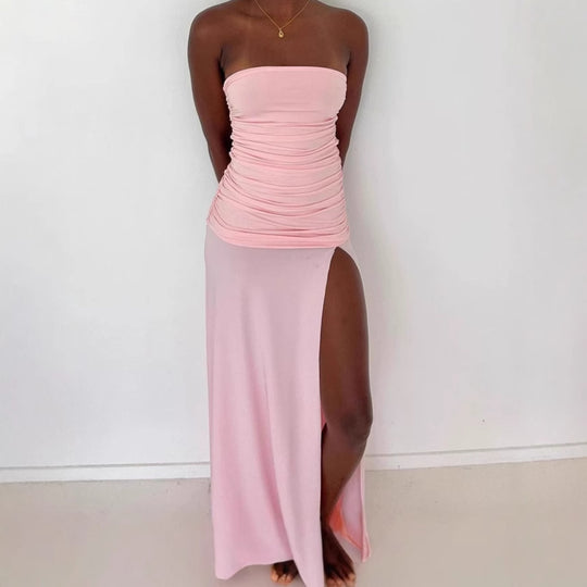 Damen Elegantes Trägerloses Maxikleid mit hohem Schlitz und Raffungen EB