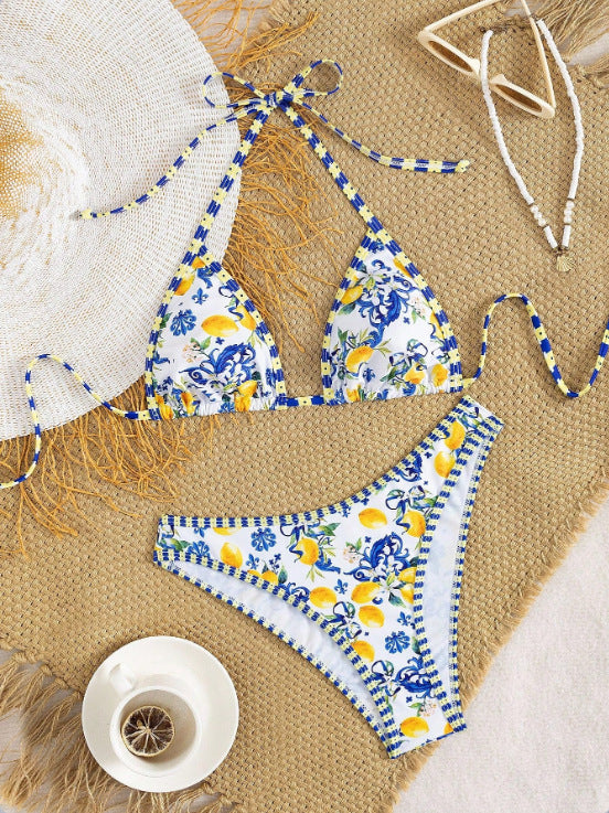 Damen Triangel-Bikini mit floralem Design und Bindedetails EB