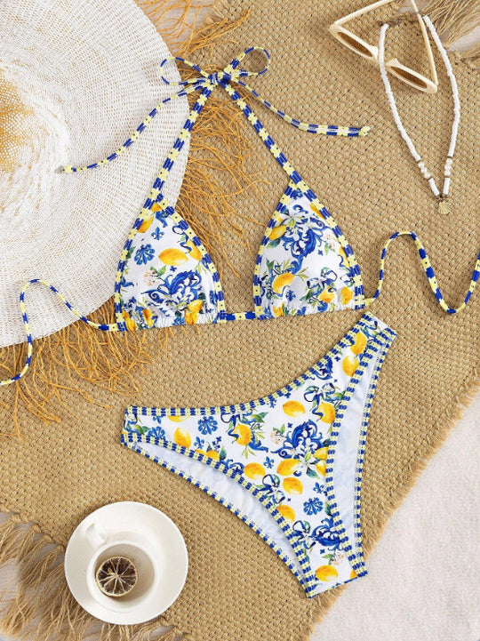 Damen Triangel-Bikini mit floralem Design und Bindedetails EB