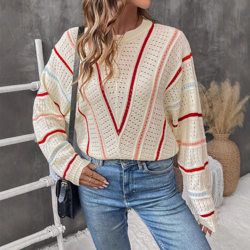 Damen Strickpullover mit modernem Lochmuster und dekorativen Streifen EB