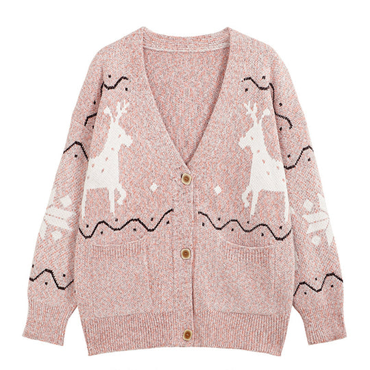 Damen Gemütlicher Cardigan mit Rentier-Motiv und Taschen EB