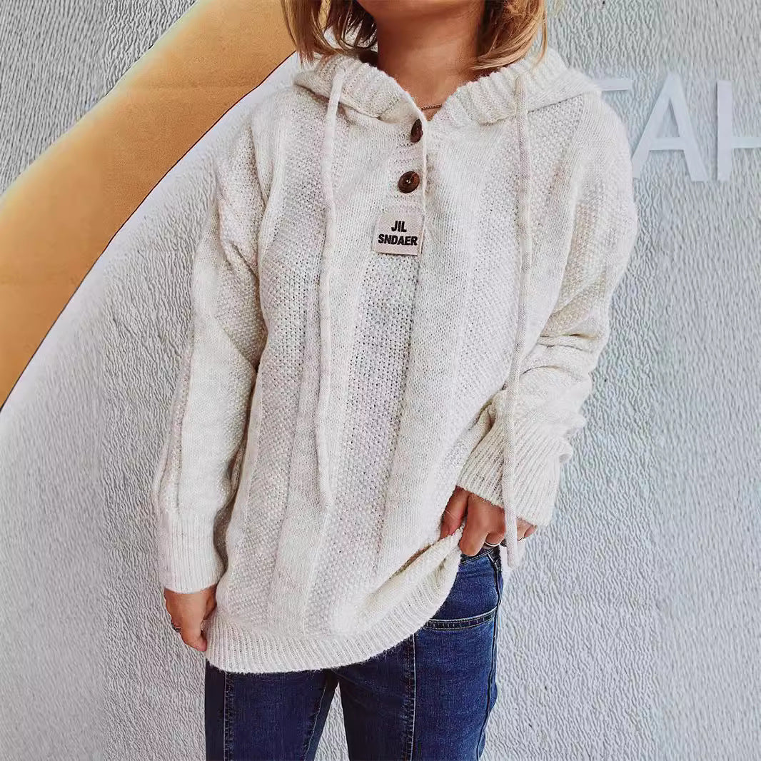 Damen lockerer Strickpullover mit Kapuze und dekorativen Knöpfen EB