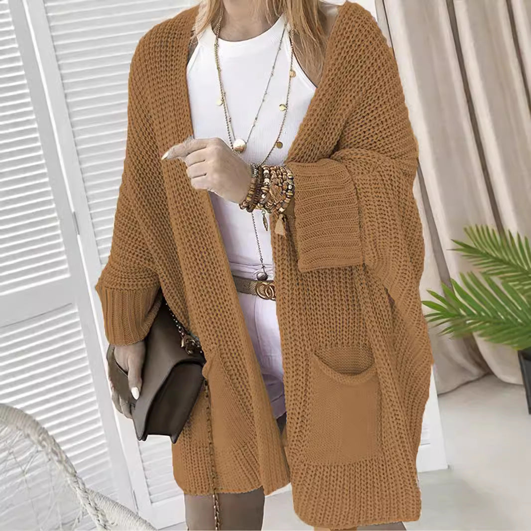 Damen Lässiger Strickcardigan mit praktischen Taschen und voluminösen Ärmeln EB