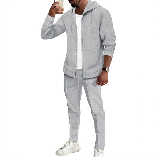 Herren nan Waffelstruktur-Jogginganzug mit Kapuzen-Zipjacke und konisch geschnittener Jogginghose EB