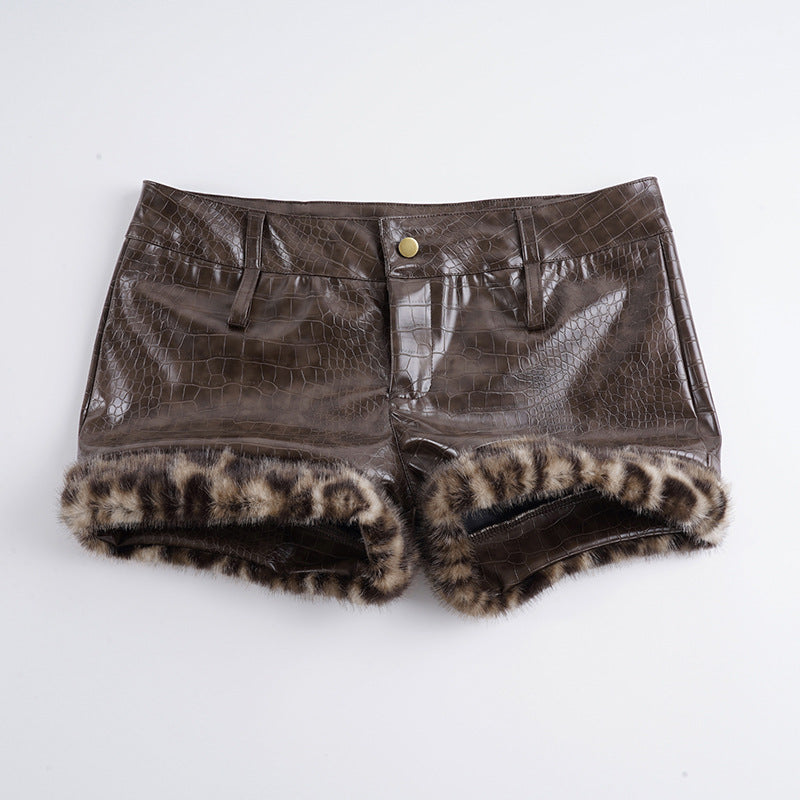 Damen Leder-Shorts mit Leopardenbesatz EB