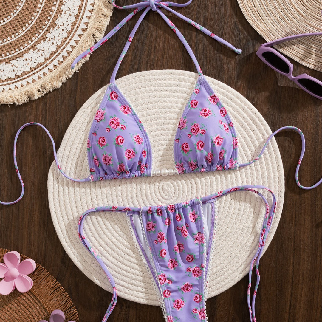 Damen Triangel-Bikini mit floralem Druck und verspielten Rüschen EB