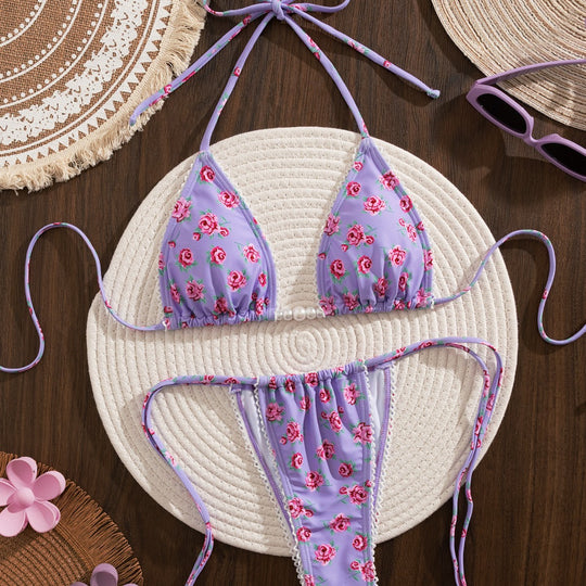 Damen Triangel-Bikini mit floralem Druck und verspielten Rüschen EB