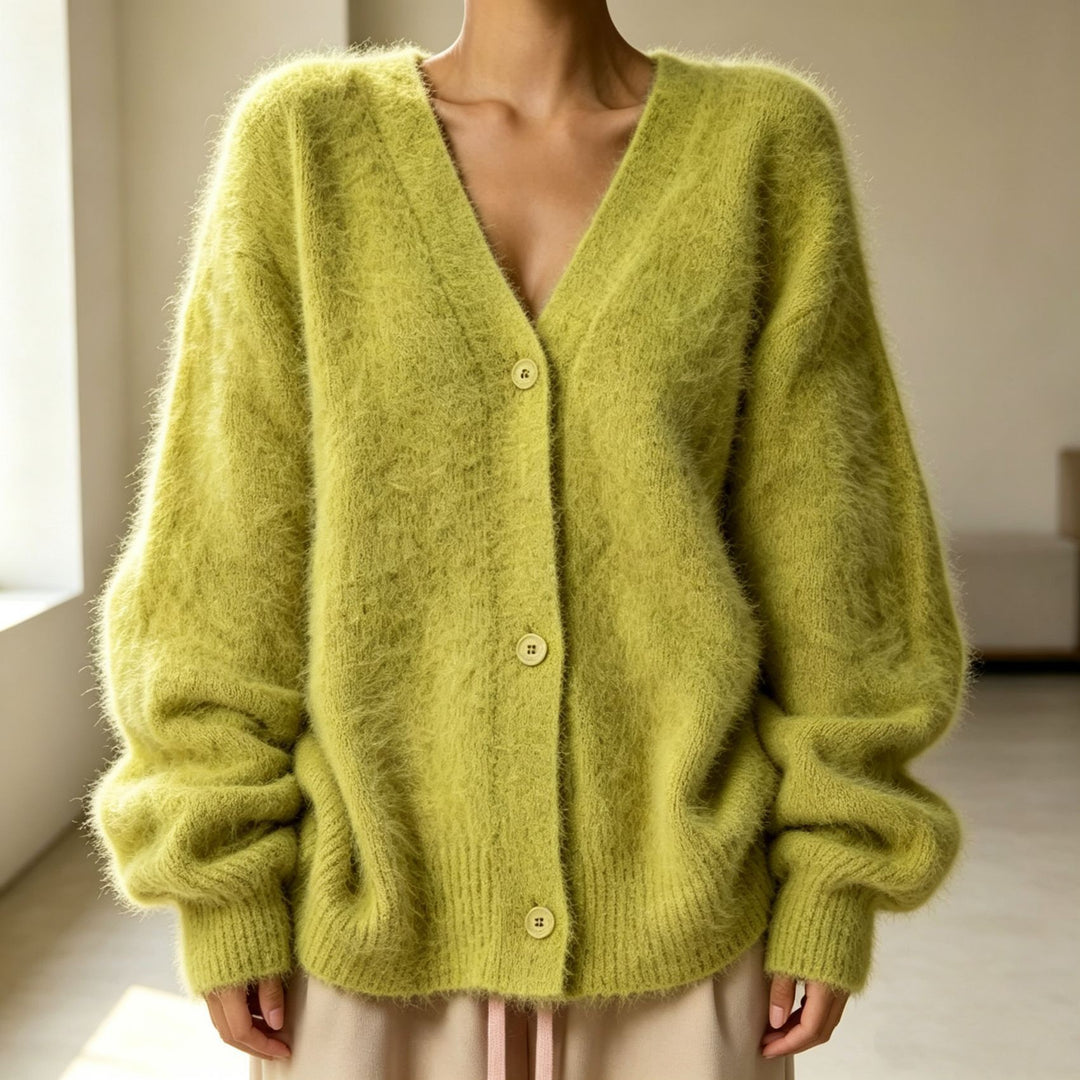 Damen Kuscheliger Oversize-Cardigan aus Teddy-Strick mit tiefem V-Ausschnitt EB