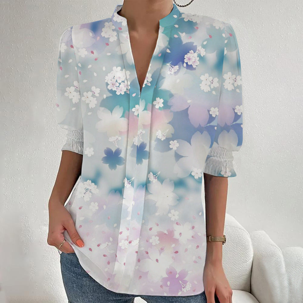 Damen Blumenprint Tunika-Bluse mit Stehkragen, geschlitzter V‑Blende und gerafften 3/4-Ärmeln EB