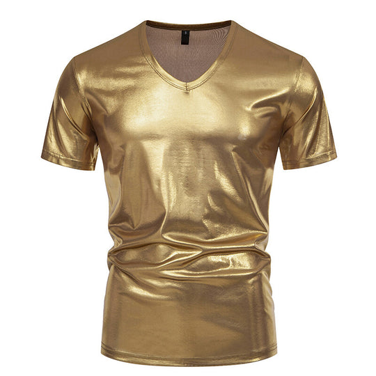 Herren V-Ausschnitt T-Shirt aus glänzendem Material mit persönlichem Stil EB