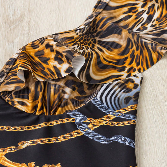 Damen Einteiler Badeanzug mit elegantem Tiermuster und Rüschendetails EB