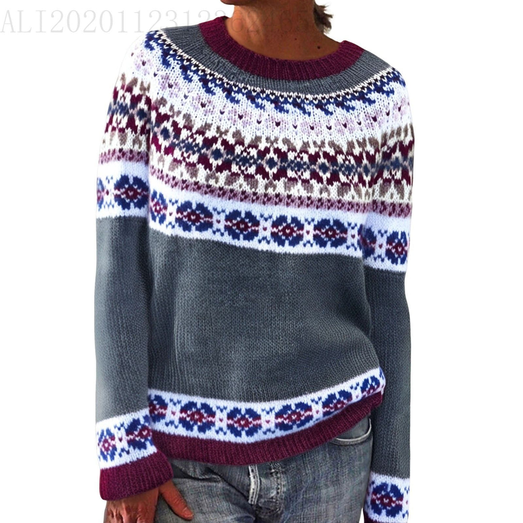 Damen nan melierter Rundhalsausschnittpullover mit kreisförmigem Jacquard-Yoke und geripptem Saum EB