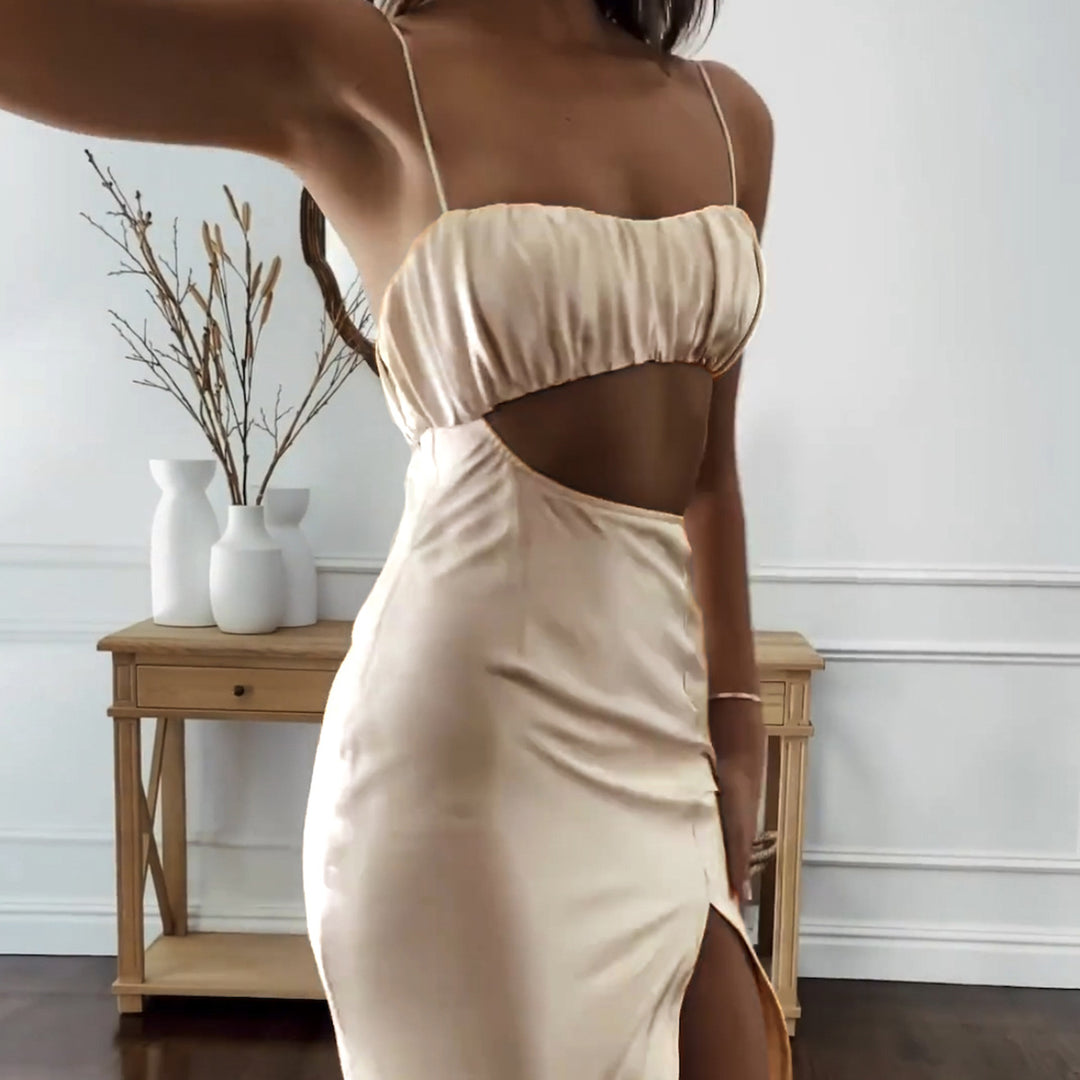 Damen Elegantes Cut-Out Kleid mit schmalen Spaghetti-Trägern und drapiertem Oberteil EB