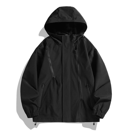 Herren wasserabweisende Kapuzenjacke mit diagonal verlaufenden Reißverschlüssen und verstellbarem Saum EB