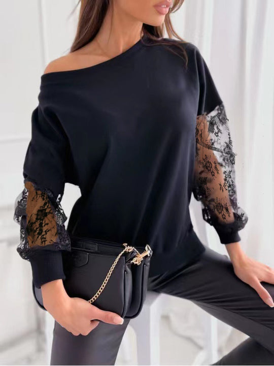 Damen eleganter Pullover mit transparenten Spitzenärmeln und asymmetrischem Ausschnitt EB