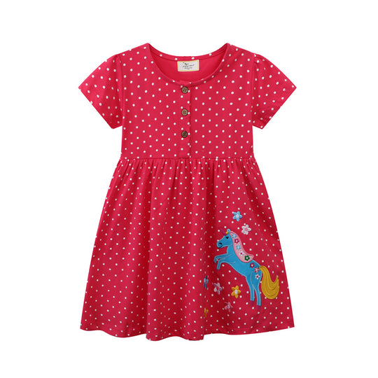 Mädchen Kleid mit niedlicher Pferdemotiv und Punkten EB