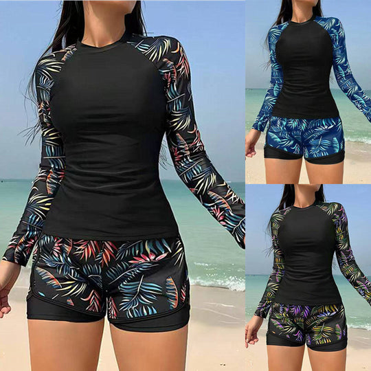 Damen Sportlicher Langarm Rashguard mit buntem Blattdesign EB