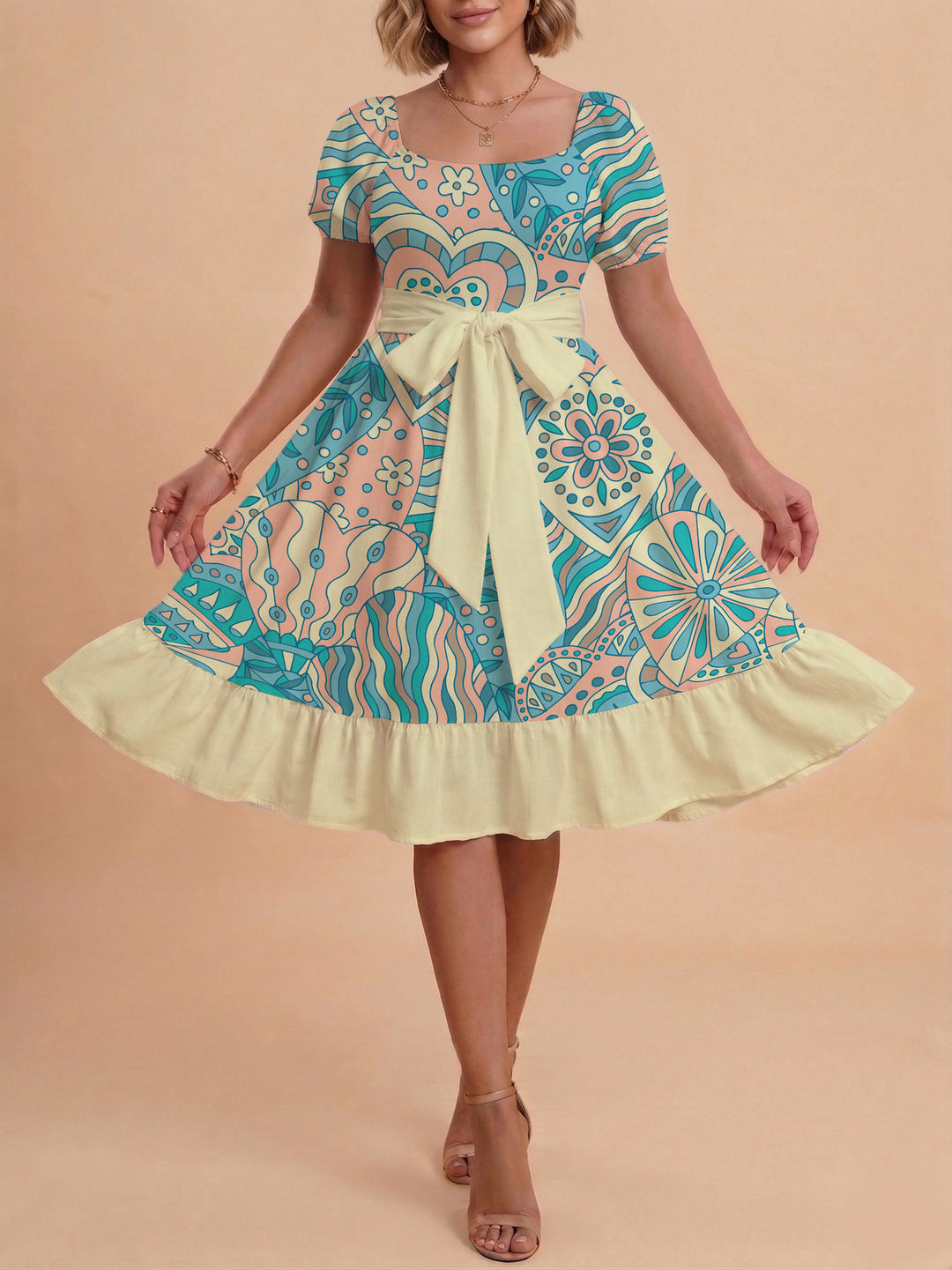Damen elegantes Maxikleid mit floralem Design und Taillengürtel EB