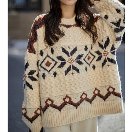 Damen Grobstrickpullover mit geometrischem Muster und Rundhalsausschnitt EB